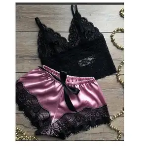 Women Sexy Lingerie 2pcs Sheer Temptation Lace Bra Satin Shorts Erotic Underwear Soft Mature Sleepwear