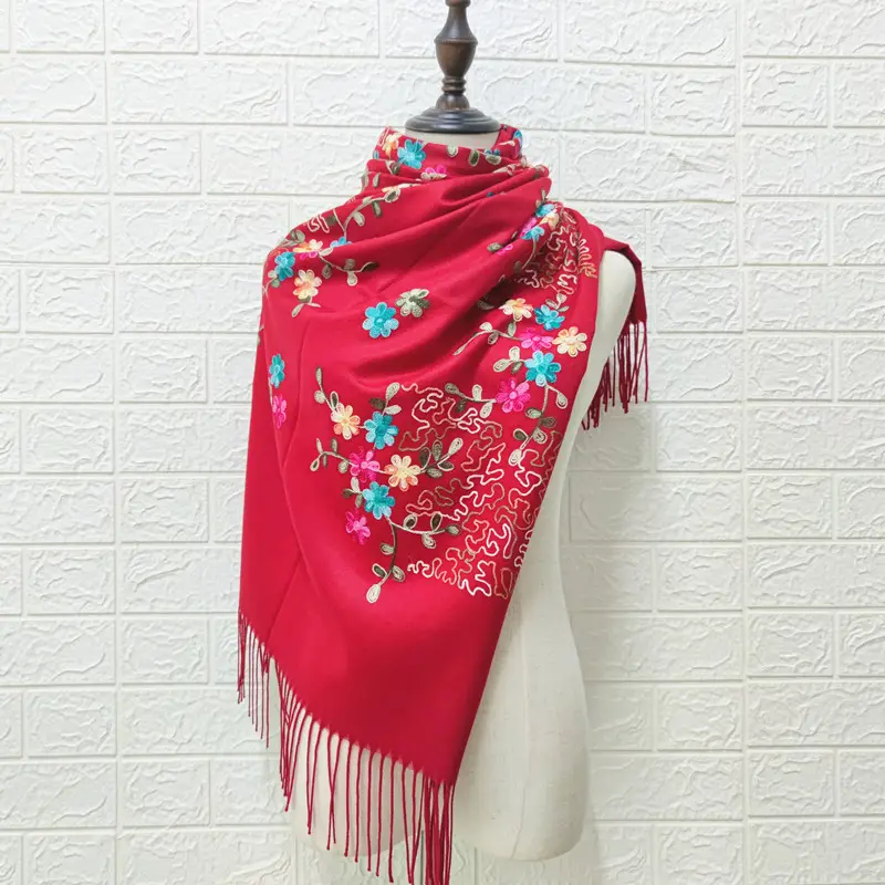 MIO新しいロングフリンジショールソフトパシュミナスカーフ女性花刺Embroideryイミテーションカシミアスカーフエスニックスタイル冬の暖かいショール