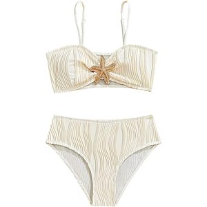 Traje de baño de 2 piezas con estampado de estrellas de mar para niña FOXA, traje de baño con tirantes finos texturizados y relleno, ropa de playa - Product Image 1