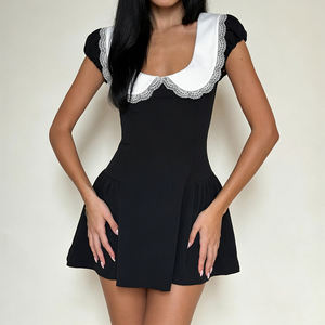 Vestido con cuello Peter Pan, encaje, patchwork, colores contrastantes, diseño dulce con cintura entallada, línea A, minifalda elegante estilo francés - Product Image 5