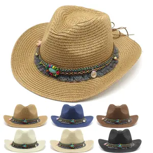 Baru Datang Topi Jerami Berongga Topi Koboi Barat Bohemia Wanita Pantai Sombrero Jerami Panama Cowgirl Jazz Topi Matahari untuk Uniseks