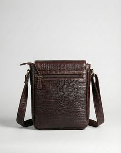 Sac messager en cuir de crocodile pour homme, marron foncé, avec fermeture éclair, bandoulière, sac à bandoulière durable - Product Image 2