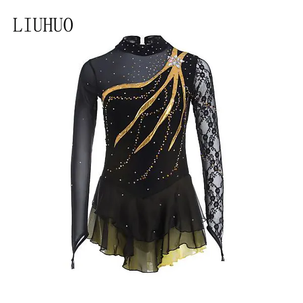 Women's Black Gold Figure Skating Dress - Stylish Ice Skating Attire for  Performances and Practice, Custom Sizes Available