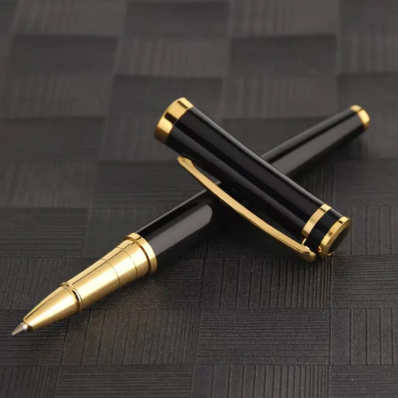 Siyah altın paslanmaz çelik Metal kalem marka lüks iş hediye makaralı tükenmez kalem kitleri