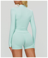Veste de yoga pour femme, col rond, taille élastique, manches longues, légère, unie, ajustée, respirante, devant
