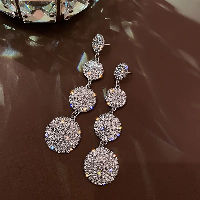 Four Round Full Rhinestone Drop Earrings Fashion Weddings Engagement Women Long Tassel Crystal Earrings