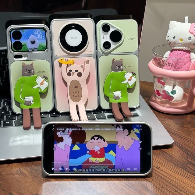 Cute Cat Coffee Electroplated Corning Phone Case Rotatable Kickstand for iPhone 17 Air 16 Pro Max 15 Plus 14 13 12 Trendy Cover