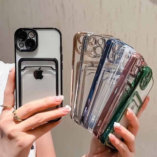 Electroplated Transparent Card Holder Phone Case for iPhone 13 11 12 14 Pro Max 14 Plus Photo Pocket Shockproof TPU Cover