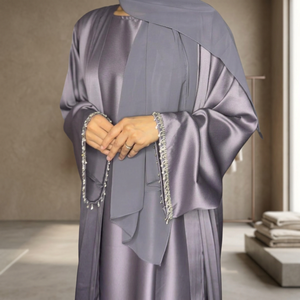 Robe longue en polyester de couleur unie, style vintage confortable, Abaya à motif floral gaufré, longueur au sol, pour usage quotidien - Product Image 1