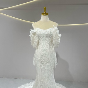 JFH65 Vestido de Novia Moderno de Sirena con Bordado de Encaje Color Marfil, Sin Mangas, Cola Capilla, Largo hasta el Suelo, Ecológico, con Flores - Product Image 3