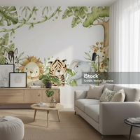 Papier peint pour enfants en polyester moderne personnalisé auto-adhésif, motif d'animaux mignons en dessin animé, imperméable, à coller et à décoller, décoration murale pour chambre à coucher