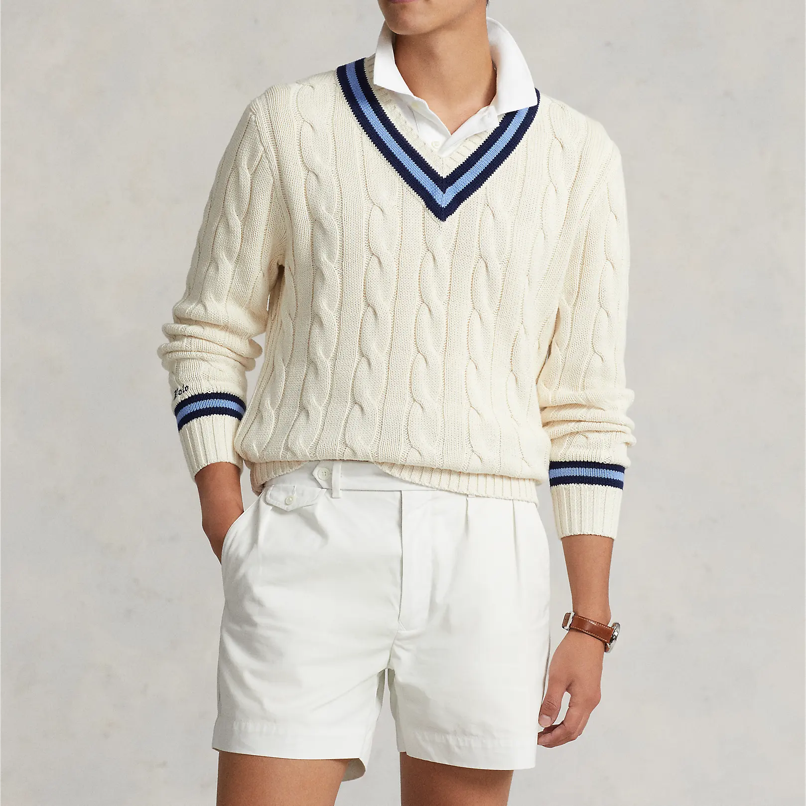 Knitwear manufacture custom logo v neck cable men's knitwear varsity cricket sweater