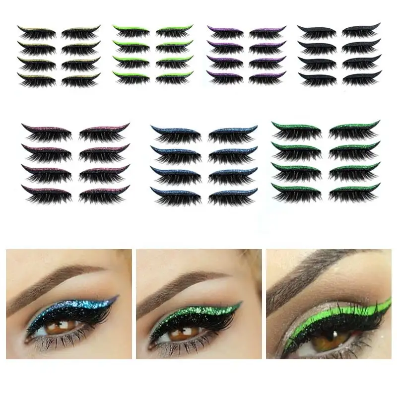 New Design Eye Make Up 4 Pairs Eyeliner Tapes Waterproof Reusable Eyeliner And Eyelash Stickers With Glitter Eyeliner Sticker