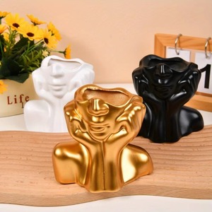 Modern <b>Ceramic</b> Face <b>Vase</b> Sculpture Decor Matte Finish White Black Gold Tabletop Flower Holder 8-16 Inches - Product Image 5