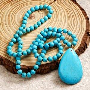 ファッショナブルなボヘミアンバケーションスタイルのターコイズジュエリー、8mm天然石ガラス結びネックレス、ターコイズドロップペンダント - Product Image 2