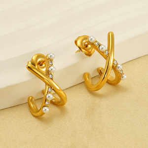 Zogxin Gold Plated Pearl Stud Earrings Geometric Design For Women Party Fashion Jewelry - Product Image 2