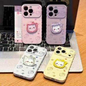 Cartoon KT Cat Bow Stand Soft TPU Mobile Phone <b>Case</b> For <b>IPhone</b> 17 16 15 Pro Max Cute Holder Shockproof LOVE Bracket Back Cover - Product Image 1