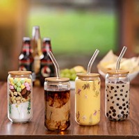Handgemaakte bierglazen van hoog borosilicaatglas, 12oz/16oz, met bamboe deksel en rietje, vaatwasser- en magnetronbestendig, herbruikbaar