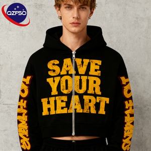 QZFSO Custom Screen Printing Logo High Quality Hip Hop Streetwear Vintage Boxy Acid Washed Double <b>Zip</b> <b>up</b> <b>Cropped</b> <b>Hoodie</b> - Product Image 1