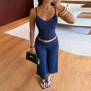 Women's <b>Summer</b> Sporty Solid Color Lace Camisole + Wide Leg <b>Pants</b> Two Piece Set Sleeveless Eco-Friendly Breathable Casual Home - Product Image 4