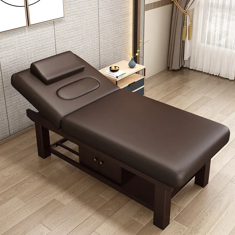 Tempat tidur pijat wajah, tinggi dapat diatur kelas atas meja dengan peralatan salon bingkai kayu