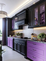 Meuble de cuisine noir de luxe gothique, îlot violet sur mesure, zone de cuisson modulaire en bois massif, design de mobilier royal