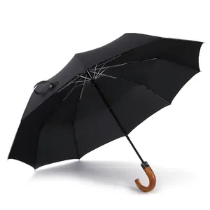 23 pollici 10 costole nervature in fibra di vetro di legno storto curva maniglia auto apertura vicino due pieghevole automatico ombrellone ombrello pioggia