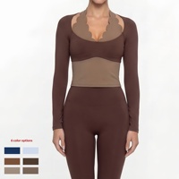 TongJoes Ensemble de yoga color-block effet deux pièces avec haut long en dentelle à col licou, coupe ajustée, respirant, polyvalent, pour le sport et le fitness, à manches
