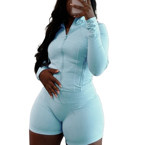 For Fashion Women's Casual Sports 2-Piece Set Sexy <b>Tight</b> Long Sleeve Top & Above Knee Shorts Solid <b>Pattern</b> Casual & Stylish - Product Image 6