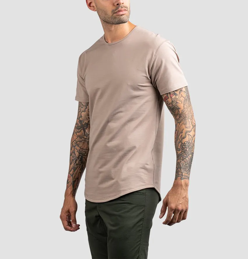 Kaus Kustom Produsen Pakaian Rami untuk Pria Katun Kosong 100% Hem Melengkung Kaus Cetak Kustom Kaus Pria Grosir