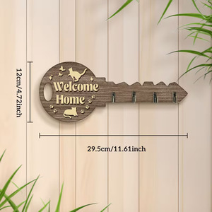 Yuka <b>Wooden</b> Key Holder Wall Mounted Welcome Cat Pattern Home Decor Storage Hook <b>Rustic</b> Style Entryway Organizer - Product Image 2