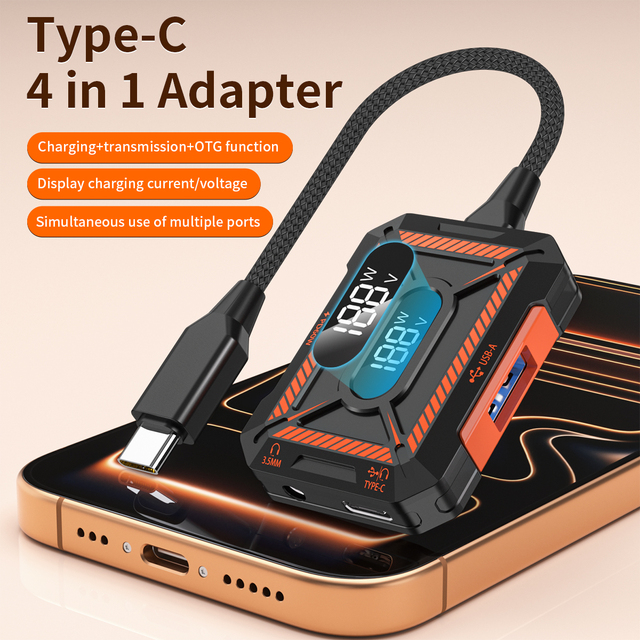 4-in-1 Type C Game Adapter PD60W Fast Charge 3.5mm DAC Audio USB3.0 Data Transfer with Power Display for PUBG Gaming Live Stream