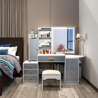 Ensemble de coiffeuse moderne européenne blanche avec miroir à 3 modes d'éclairage, tiroirs et tabouret pour appartement et hôtel