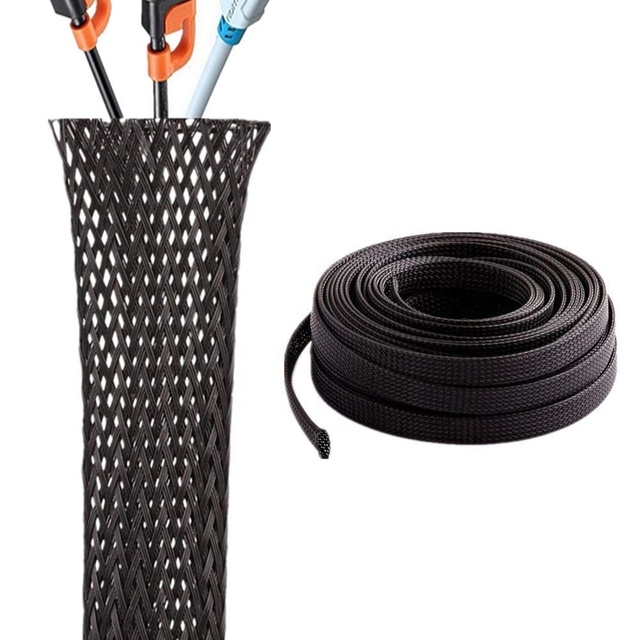 Durable PET Electrical Cable Cover Protector Braided Sleeving with VW-1 Flammability Black -50C to +150C for Wire Management