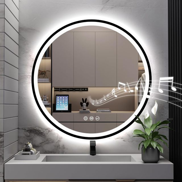 Bathroom Vanity Wall Mirror with Bluetooth Anti-Fog Stepless Dimmable 3 Colors Tempered Glass Lighted Makeup Mirror for Bathroom