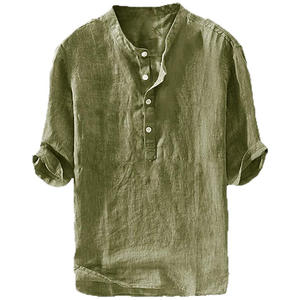 Shinesia Factory <span class=keywords><strong>Outlet</strong></span> Camisa de lino de algodón con cuello Henry de manga media Hawaiana de color sólido para <span class=keywords><strong>hombre</strong></span> - Product Image 1