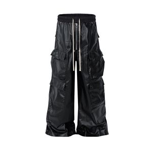 <strong>Men</strong> <strong>Faux</strong> <strong>Leather</strong> Multi Pocket Wide Leg Cargo Pants Drawstring Elastic Waist Zipper Front Casual <strong>Trousers</strong> Wholesale Custom Logo - Product Image 1