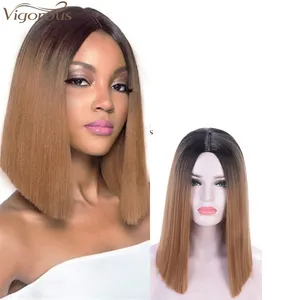 Vigorous 14 inch Short Straight Bob Hair Synthetic Wigs For Women 2 Tone Ombre Brown Color Wigs Middle Part Glueless Cosplay Wig