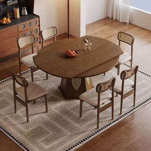Nordic Modern Extendable Dining Table Rattan-<strong>Inlaid</strong> Pedestal Base Solid <strong>Wood</strong> Waterproof Assembled for Home Hotel Dining Room - Product Image 5