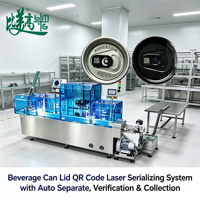 Système de marquage laser de codes QR sur couvercles de canettes de boissons, avec alimentation automatique/séparée, lecture et vérification, rejet des canettes défectueuses, et système de collecte