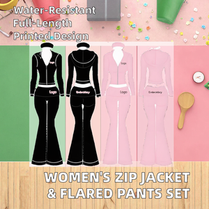 Completi da donna personalizzati da allenamento estivi a 2 pezzi <span class=keywords><strong>giacca</strong></span> con Zip a manica lunga pantaloni svasati a maglia stile Casual a tinta unita - Product Image 2