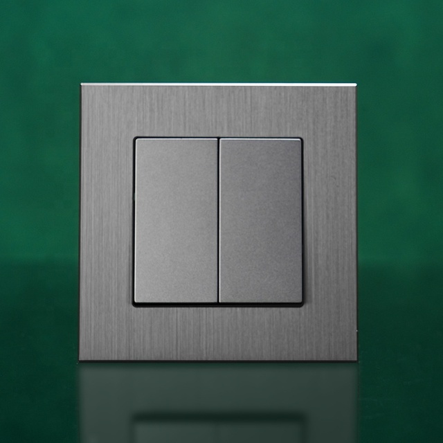 Luxury Design High End Brushed Aluminum Panel European Standard 2 Gang 1 Way 2 Way Wall Switches Light Switch for Home Using