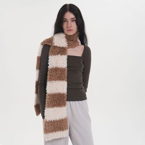 Femmes Dames Chaud Épais Hiver Peluche Fuzzy Noir <span class=keywords><strong>Blanc</strong></span> Couleur Blocage Rayé Fausse Fourrure Echarpe Capuche Motif Patchwork Fourrure <span class=keywords><strong>Snood</strong></span> - Product Image 4