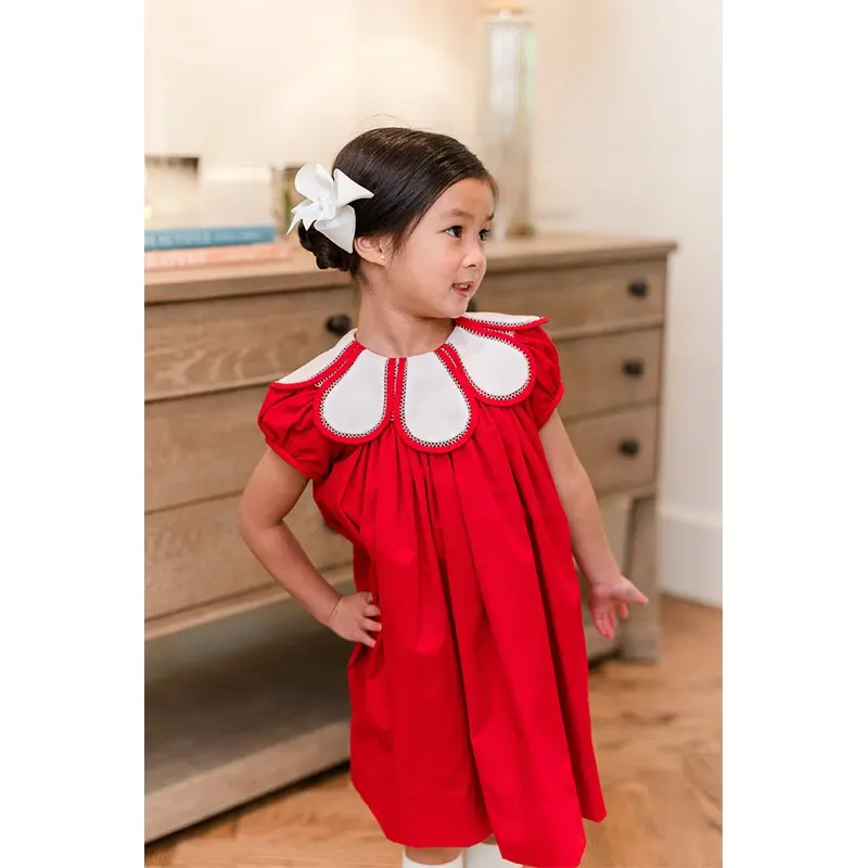 Robe tulipe rouge de noël pour bébé, tenue barboteuse brodée de marque privée, robe smockée pour fille