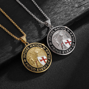 <b>Titanium</b> Steel Knights Templar Shield Pendant Necklace Men's Gold Silver Color Round Themed Jewelry Gift - Product Image 1