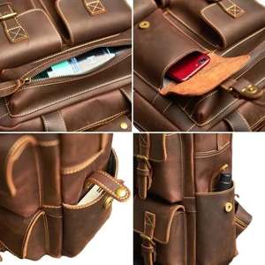 Classic Leather Travel Backpack <b>Large</b> Capacity Multiple Pockets Zipper Closure Soft Handle Casual Unisex Backpack - Product Image 6