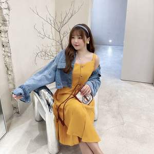 เดรสแขนกุดเปิดไหล่สำหรับผู้หญิงไซส์ใหญ่ สีเหลืองขมิ้น N7984 ชุดลำลองสำหรับวันหยุด - Product Image 5