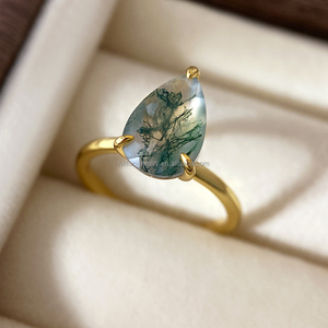 Bague de fiançailles et de mariage classique en agate mousse de luxe, sertie d'une pierre précieuse taille poire, pour femme - Product Image 3