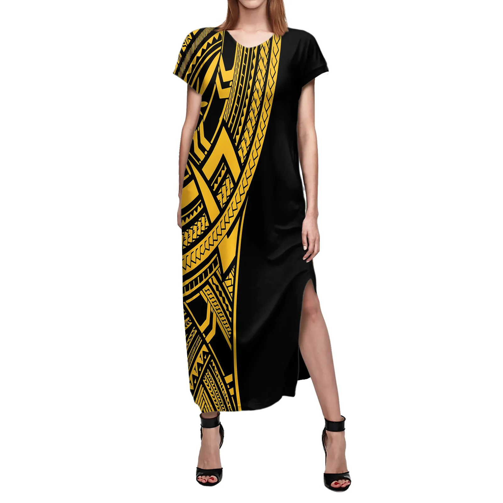 New Wholesale Female Short Sleeve Dress Polynesian Style Custom Printing Pattern Summer V Neck Long Dress Sexy Party Split Dress