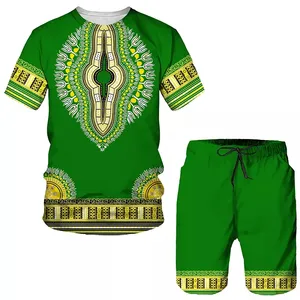 Оптовая продажа лета 2022, Мужская футболка с коротким рукавом и шорты с Африканским принтом, комплект из двух предметов для фитнеса, повседневный спортивный костюм, одежда для спортзала